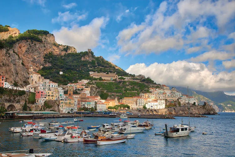 Italy, Amalfi. Boats In The Harbor And Coastal Town Of Amalfi.