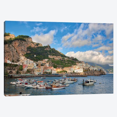 Italy, Amalfi. Boats In The Harbor And Coastal Town Of Amalfi. Canvas Print #JEG57} by Julie Eggers Canvas Print