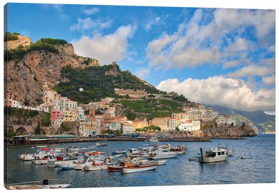 Italy, Amalfi. Boats In The Harbor And Coastal Town Of Amalfi. Canvas Art Print