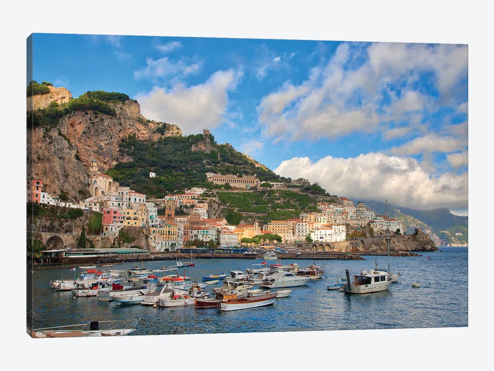 Italy, Amalfi. Boats In The Harbor And Coastal Town Of Amalfi. by Julie Eggers 1-piece Canvas Wall Art