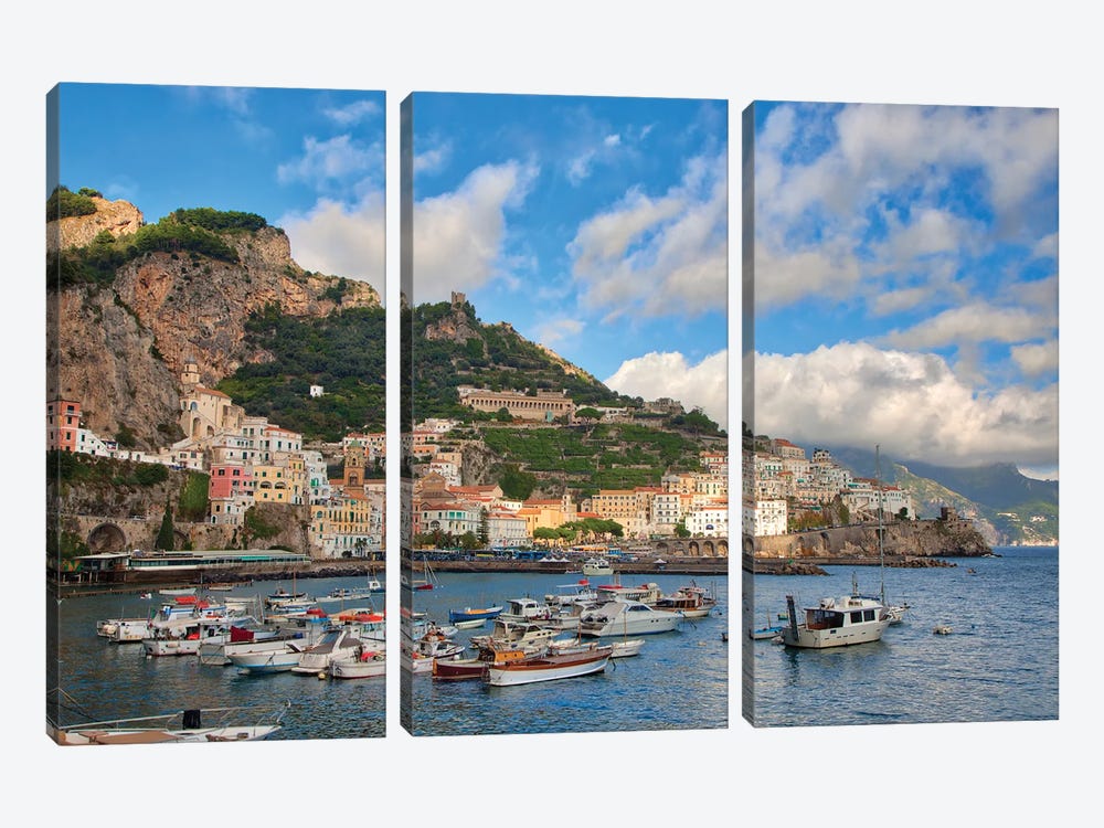 Italy, Amalfi. Boats In The Harbor And Coastal Town Of Amalfi. by Julie Eggers 3-piece Canvas Artwork