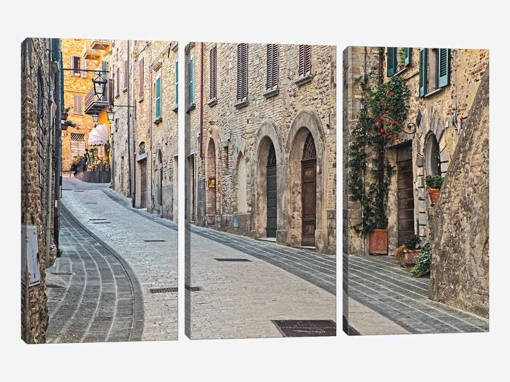 Italy, Umbria Street Leading Up To The Main Square In The Historic Town Of Montone by Julie Eggers 3-piece Art Print