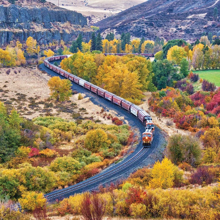 USA, Washington State, Kittitas County. Burlington Northern Santa Fe Train Along The Yakima River