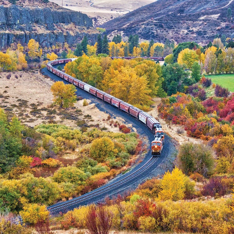 USA, Washington State, Kittitas County. Burlington Northern Santa Fe Train Along The Yakima River by Julie Eggers wall art