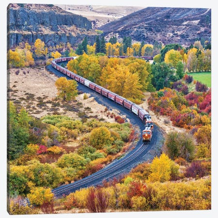 USA, Washington State, Kittitas County. Burlington Northern Santa Fe Train Along The Yakima River Canvas Print #JEG65} by Julie Eggers Canvas Wall Art