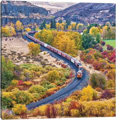 USA, Washington State, Kittitas County. Burlington Northern Santa Fe Train Along The Yakima River Canvas Art Print - Washington Art
