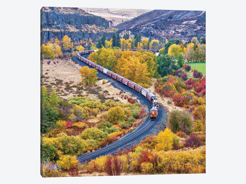 USA, Washington State, Kittitas County. Burlington Northern Santa Fe Train Along The Yakima River by Julie Eggers 1-piece Art Print