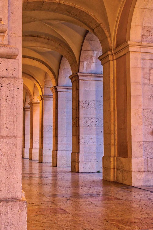 Portugal, Lisbon. Columns Of The Arcade Of Commerce Square With Evening Light.