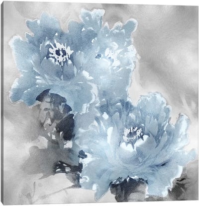 Flower Bloom On Silver I Canvas Art Print - Blue & Gray Art