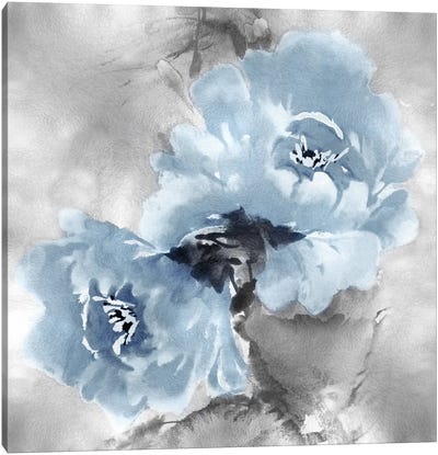 Flower Bloom On Silver II Canvas Art Print - Blue & White Art