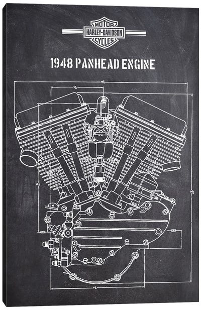 1948 Panhead Engine Canvas Art Print - Blueprints & Patent Sketches