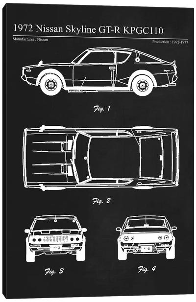 1972 Nissan Skyline GT-R KPGC110 Canvas Art Print - Automobile Blueprints