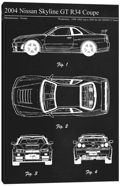 2004 Nissan Skyline GT R34 Coupe Canvas Art Print - Automobile Blueprints