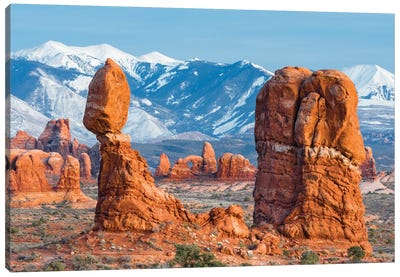 Balanced Rock with Turret Arch and La Sal Mountains, Arches National Park, Utah Canvas Art Print - Jeff Foott