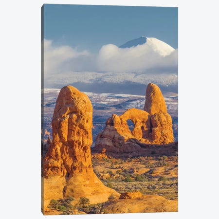 Turret Arch in winter, La Sal Mountains, Arches National Park, Utah Canvas Print #JFF97} by Jeff Foott Canvas Artwork