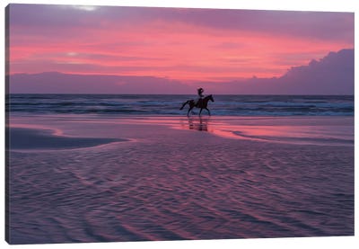 Horse And Rider On The Beach Canvas Art Print - Janet Fikar