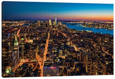Cityscape At Nightfall New York Canvas Art Print - Janet Fikar