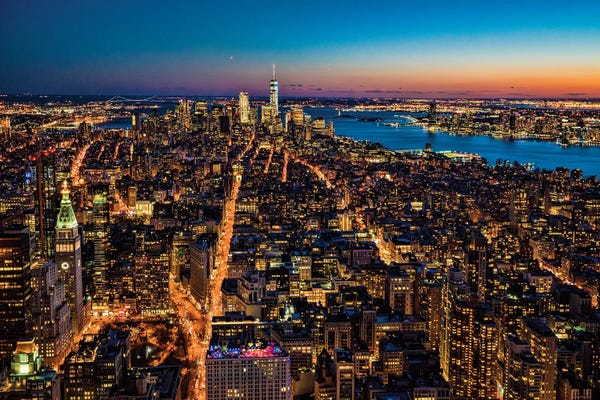 Aerial Photography: Cityscape At Nightfall New York by Janet Fikar