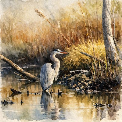 Canvas Print: Blue Heron In Pond by Janet Fikar - thumbnail