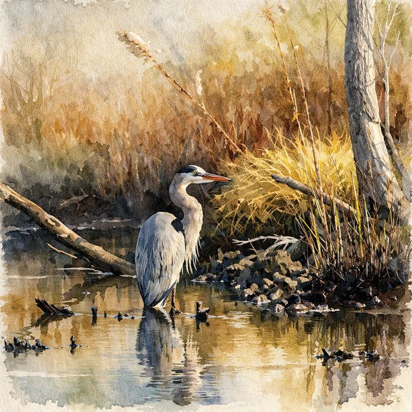 Janet Fikar: Blue Heron In Pond by Janet Fikar