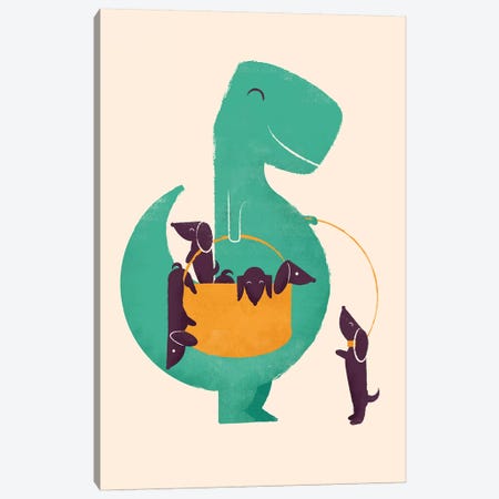 T-Rex And His Basketful Of Wiener Dogs Canvas Print #JFL18} by Jay Fleck Canvas Art Print