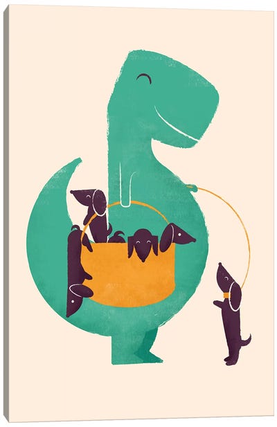 T-Rex And His Basketful Of Wiener Dogs Canvas Art Print - Prehistoric Animal Art