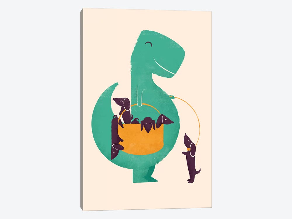 T-Rex And His Basketful Of Wiener Dogs by Jay Fleck 1-piece Canvas Wall Art