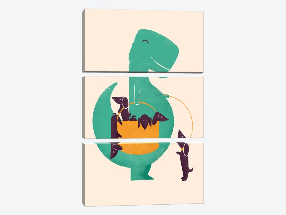 T-Rex And His Basketful Of Wiener Dogs by Jay Fleck 3-piece Canvas Wall Art