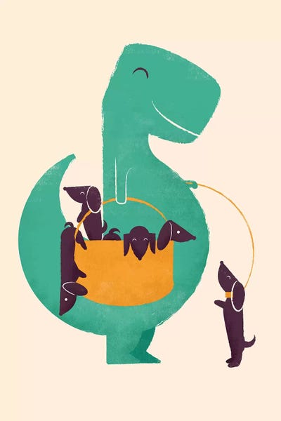 Kids Dinosaur Art: T-Rex And His Basketful Of Wiener Dogs by Jay Fleck