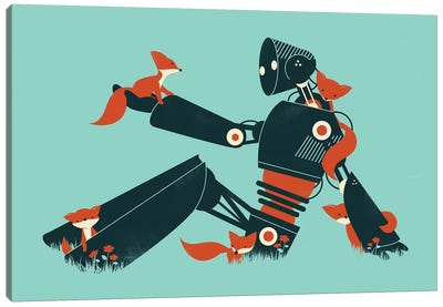 Foxes And Robot Canvas Art Print - Jay Fleck