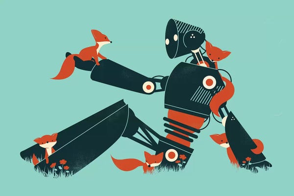 Kids Inspirational Art: Foxes And Robot by Jay Fleck