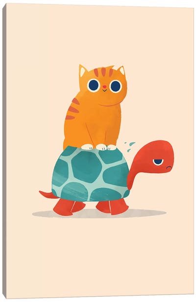 Fat Cat Rides A Turtle Canvas Art Print - Reptile & Amphibian Art