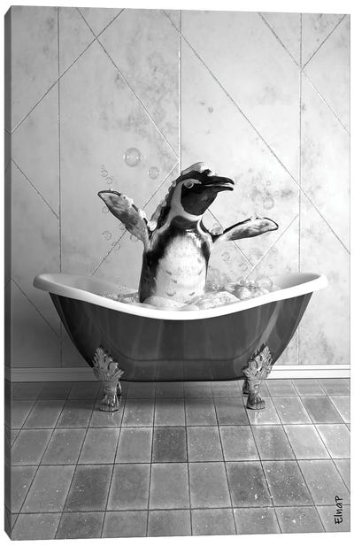 Penguin In Tub Canvas Art Print - Penguin Art