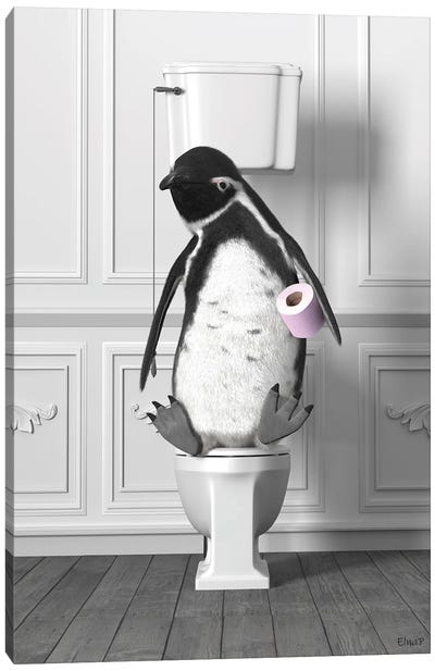 Penguin In The Toilet Canvas Art Print - Jauffrey Philippe