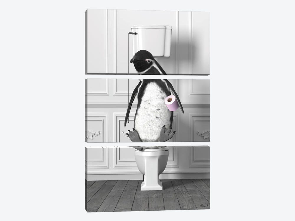 Penguin In The Toilet by Jauffrey Philippe 3-piece Canvas Art