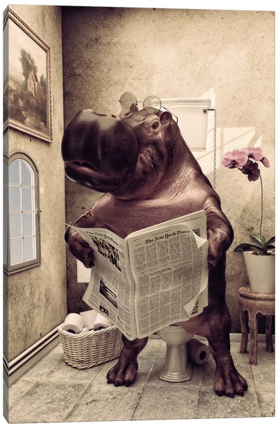 Hippo On The Toilet, Funny Bathroom Print, Safari Animal Art Canvas Art Print - Jauffrey Philippe