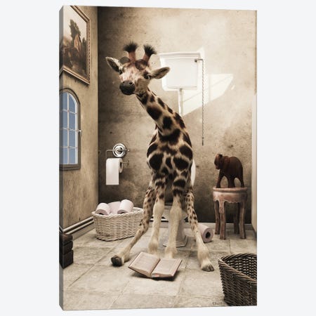 Giraffe Sitting On The Toilet, Funny Bathroom Print, Animal Art Canvas Print #JFY128} by Jauffrey Philippe Art Print