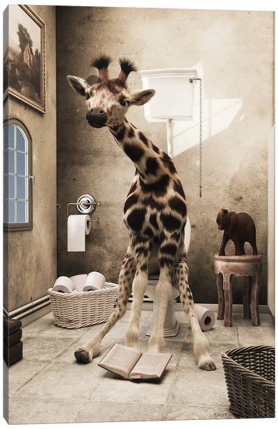 Giraffe Sitting On The Toilet, Funny Bathroom Print, Animal Art Canvas Art Print - Jauffrey Philippe