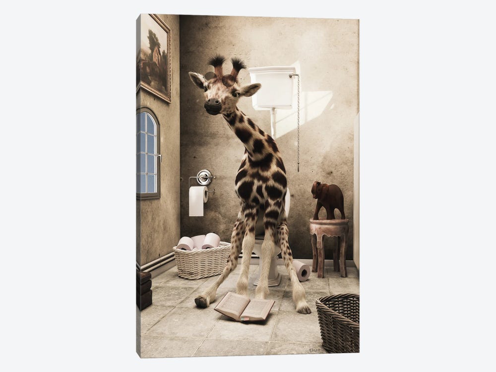 Giraffe Sitting On The Toilet, Funny Bathroom Print, Animal Art by Jauffrey Philippe 1-piece Canvas Art
