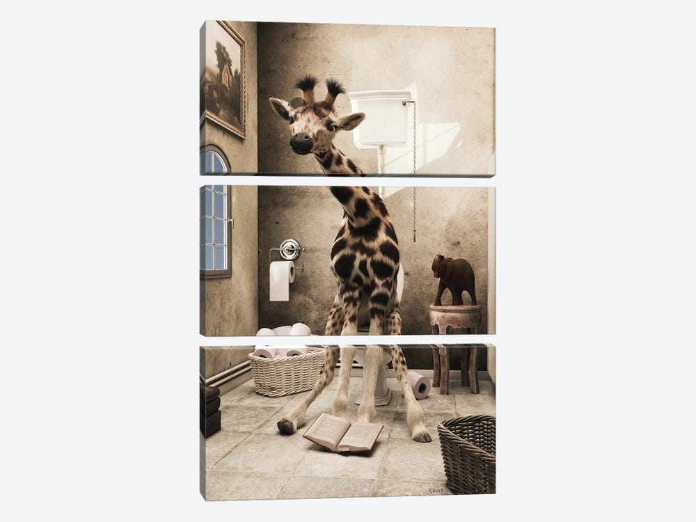 Giraffe Sitting On The Toilet, Funny Bathroom Print, Animal Art by Jauffrey Philippe 3-piece Canvas Wall Art