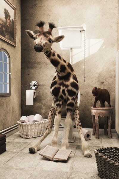 Giraffes: Giraffe Sitting On The Toilet, Funny Bathroom Print, Animal Art by Jauffrey Philippe