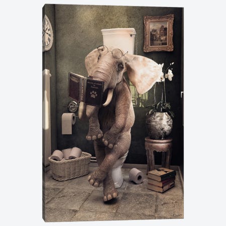 Elephant Sitting On The Toilet, Funny Bathroom Print, Animal Art Canvas Print #JFY129} by Jauffrey Philippe Canvas Print