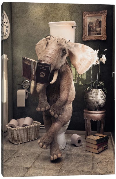Elephant Sitting On The Toilet, Funny Bathroom Print, Animal Art Canvas Art Print - Jauffrey Philippe