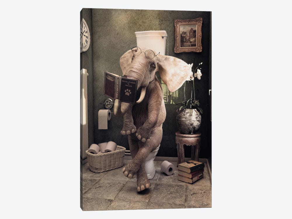 Elephant Sitting On The Toilet, Funny Bathroom Print, Animal Art by Jauffrey Philippe 1-piece Art Print
