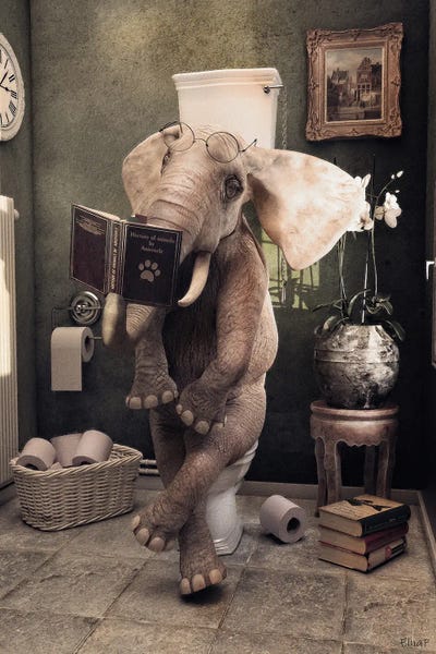 Elephants: Elephant Sitting On The Toilet, Funny Bathroom Print, Animal Art by Jauffrey Philippe