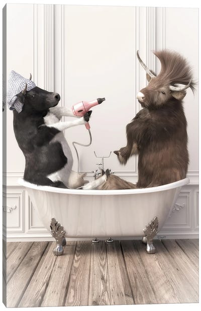 Cows In The Bath Canvas Art Print - Bathroom Humor Art