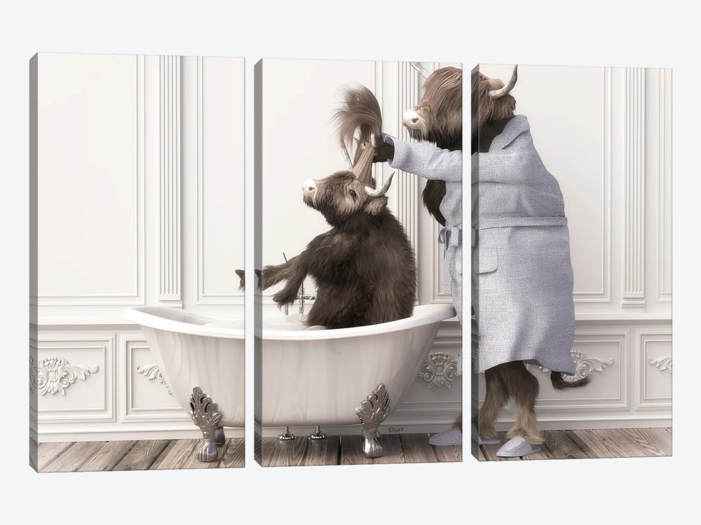 Cow In The Bathroom by Jauffrey Philippe 3-piece Canvas Print