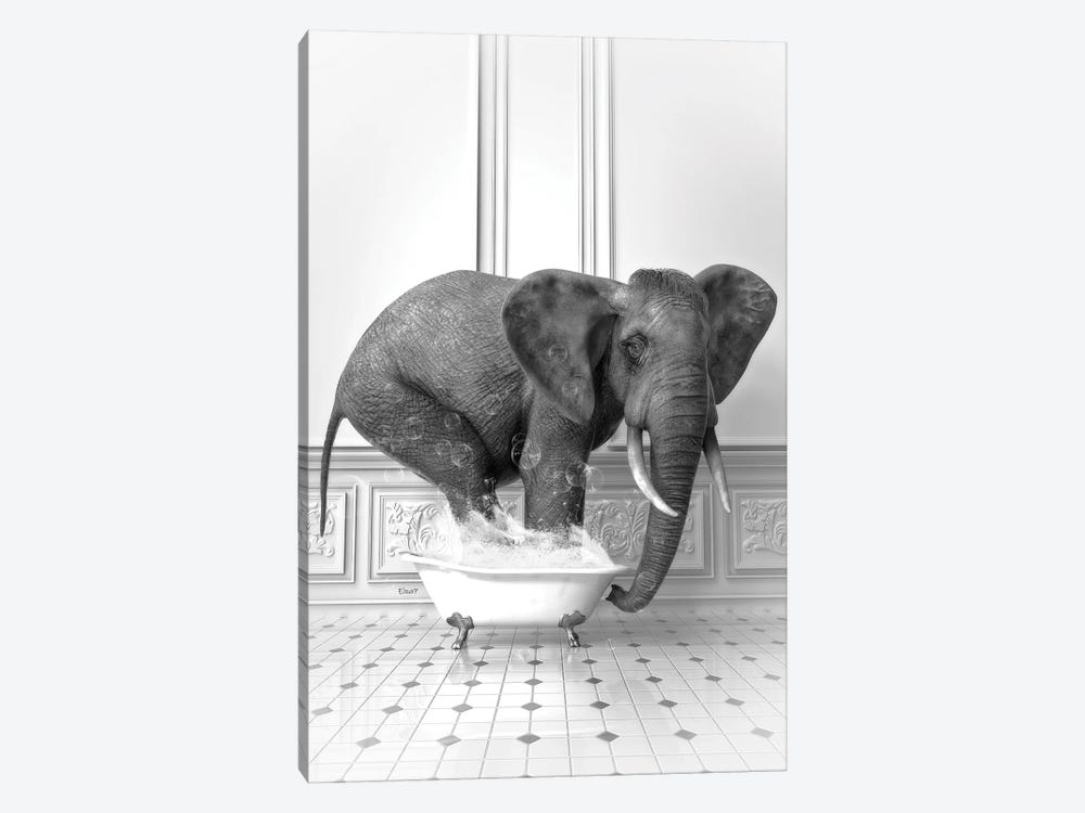 Elephant In The Bath Black And White by Jauffrey Philippe 1-piece Canvas Wall Art