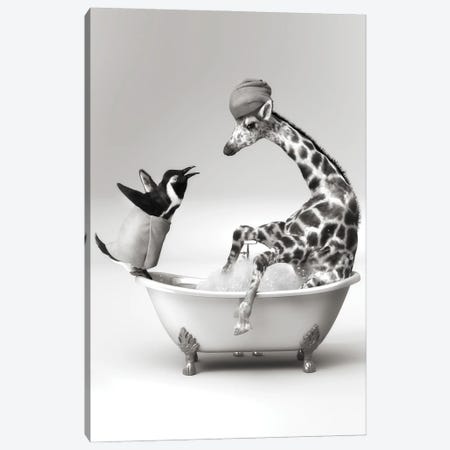 Penguin And Giraffe In The Bath Canvas Print #JFY18} by Jauffrey Philippe Canvas Art
