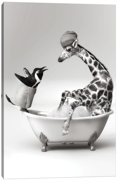 Penguin And Giraffe In The Bath Canvas Art Print - Penguin Art
